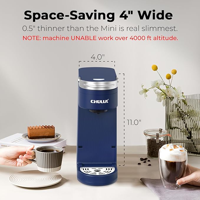 CHULUX Slim Single Serve Coffee Maker for K Pods One Cup Coffee Maker Fits 7.3 Travel Mugs Coffee Machine with 6 to 12oz Brew Sizes Navy Blue