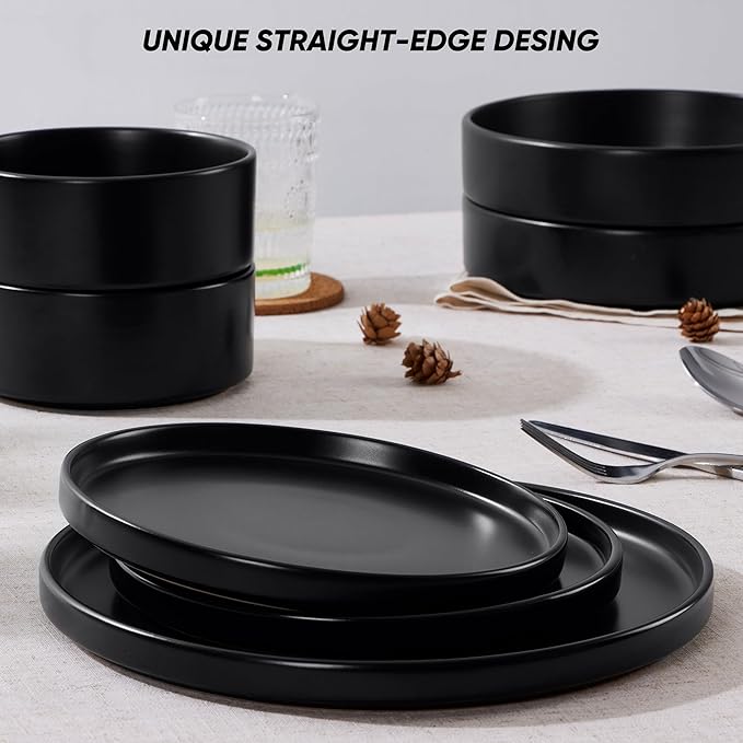 E-far 8-Piece Black Plates and Bowls Sets - Stoneware Dinnerware Sets with Pasta Bowls for 2 | Matte Black Kitchen Modern Dish Set Microwave &amp Dishwasher Safe