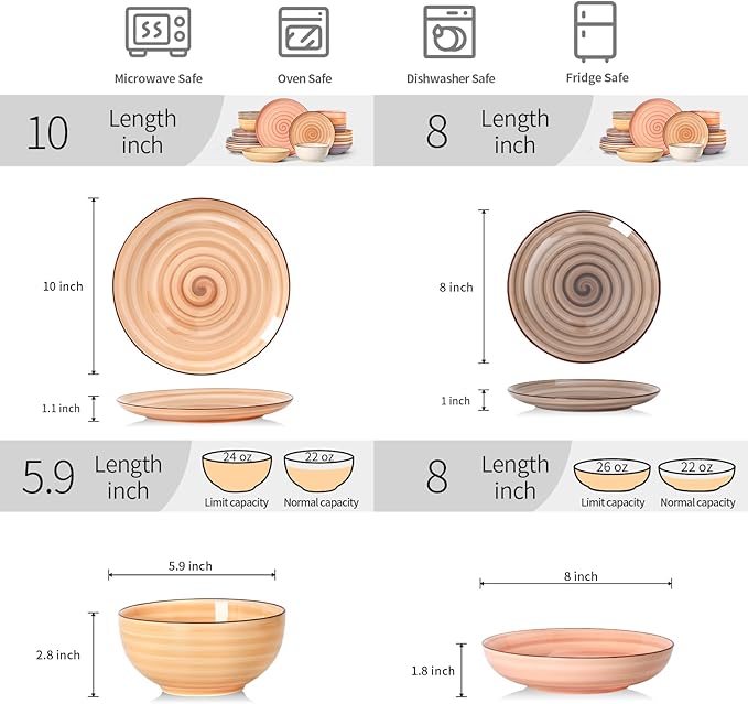 Selamica Ceramic Plates and Bowls Sets24 Pieces Dinnerware Sets for 6Scratch Resistant Dish Set for holiday gatheringDishwasher &amp Microwave Safe Maillard