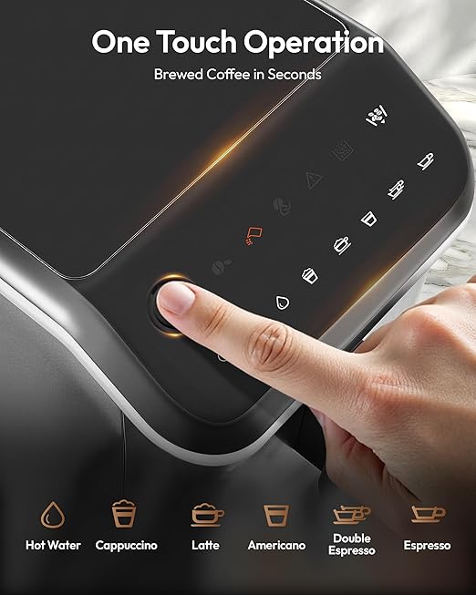 EUHOMY Fully Automatic Espresso Machine 20 Bar Coffee Maker with Grinder and Integrated Milk Frother Automatic Espresso Machine with Touch Screen 15-Grind Settings Coffee Machine for Home Silver