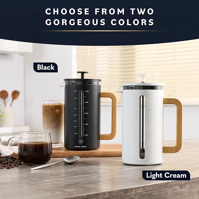 Home Hero French Press Coffee Maker - 34 oz Coffee Press with Bamboo Wood Handle Heat Resistant Thick Borosilicate Glass French Presses 4 Layer Filter French Press Stainless Steel (Black)