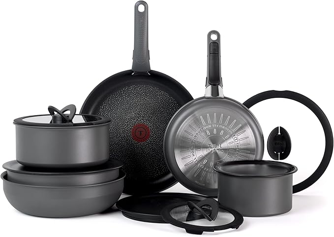 T-fal Ingenio Expertise Non Stick Cookware Set 14 Piece Induction Oven Broiler Safe 500F Detachable/Removable Handle Kitchen Cookware Pots and Pans RV Camping Fry Pans Dishwasher Safe Gray