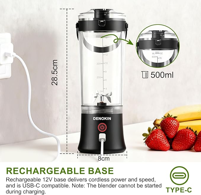 DENOKIN Portable Blender with Drinking Lid 16oz Cordless Blender for On-the-Go Rechargeable via USB-C Black