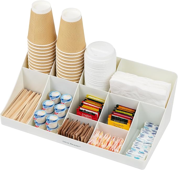 Mind Reader Cup and Condiment Station Countertop Organizer Coffee Bar Kitchen Stirrers 17.875L x 9.5W x 6.625H White