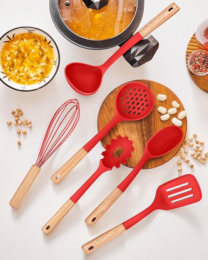 Kitchen Utensils Set 13PCS Silicone Cooking Utensils Heat Resistant Kitchen Utensil Spatula Set for Nonstick Cookware Wooden Handles Kitchen Gadgets Tools Set (RED)