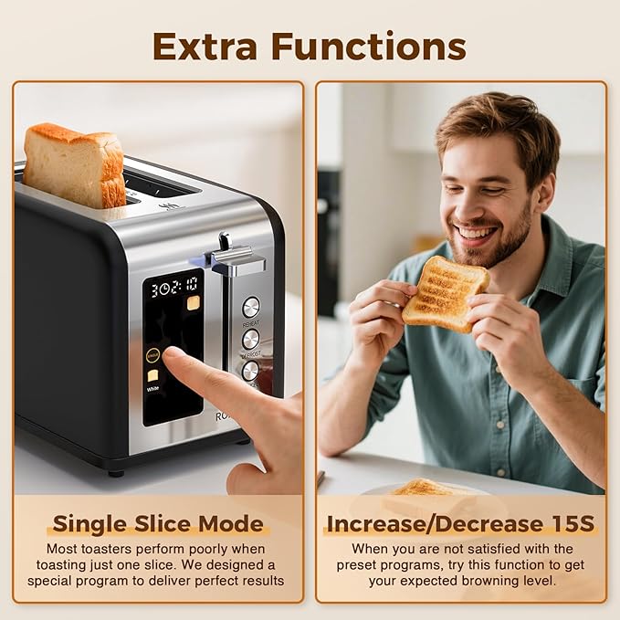 2 Slice Easy Touch Screen Toaster Stainless Steel Toaster with Wide Slots Even Toasting for Bagels &amp Bread Reheat &amp Defrost Removable Crumb Tray Matt Black