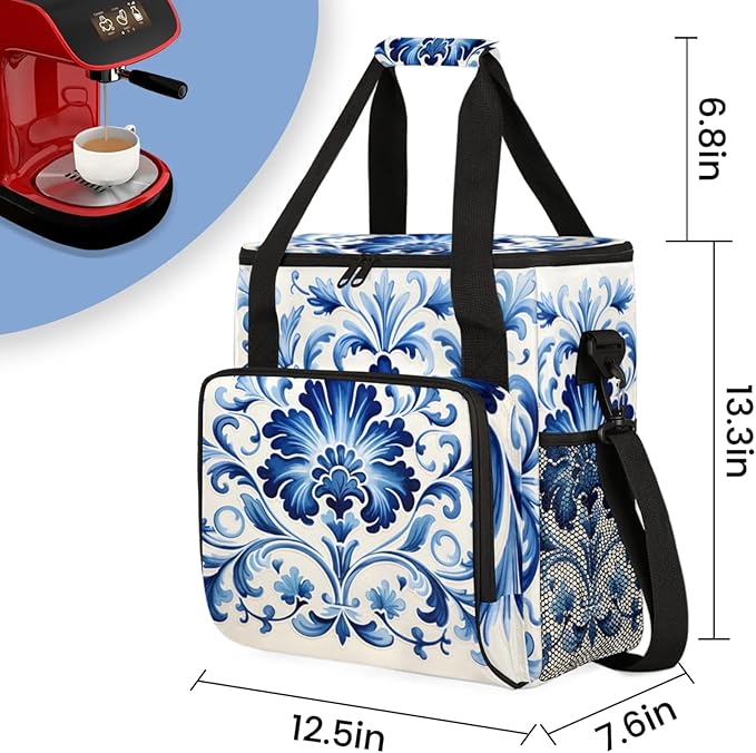 Floral Blue White Coffee Maker Travel Bag for Keurig K-Mini/K-Mini Plus Insulated Waterproof Tote with Pockets for K-Cup Portable Single-Serve Brewer Case