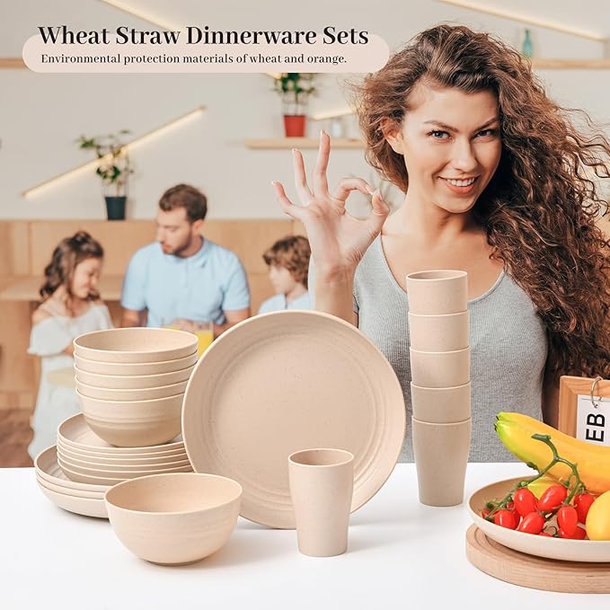 24 - Piece Wheat Straw Dinnerware Set - Plates and Bowls for 6 Unbreakable Dishwasher &amp Microwave Safe Reusable Lightweight Tableware Ideal for Camping and Everyday Use (Beige)