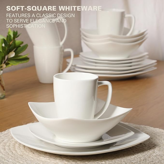 Gibson Home Zen Buffet Porcelain Chip and Scratch Resistant Dinnerware Plates Bowls and Mugs Set Service for 4 (16pcs) White (Square Dishes)