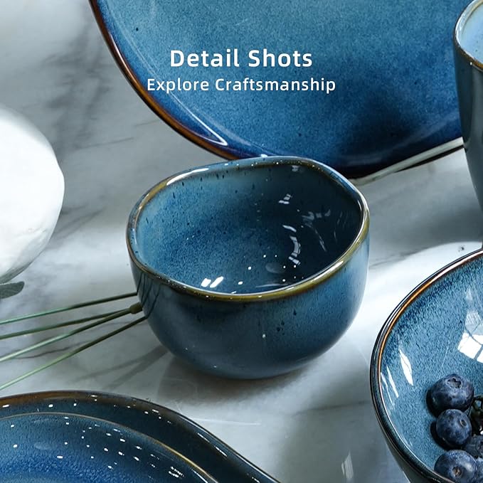 Organic Shape Highland Ceramic Bouillon Cup 6pcs Handmade Reactive Glaze Stoneware Dip Bowls 9oz with Wavy Edge for Kitchen Microwave &amp Dishwasher Safe Scratch Resistant-Blue
