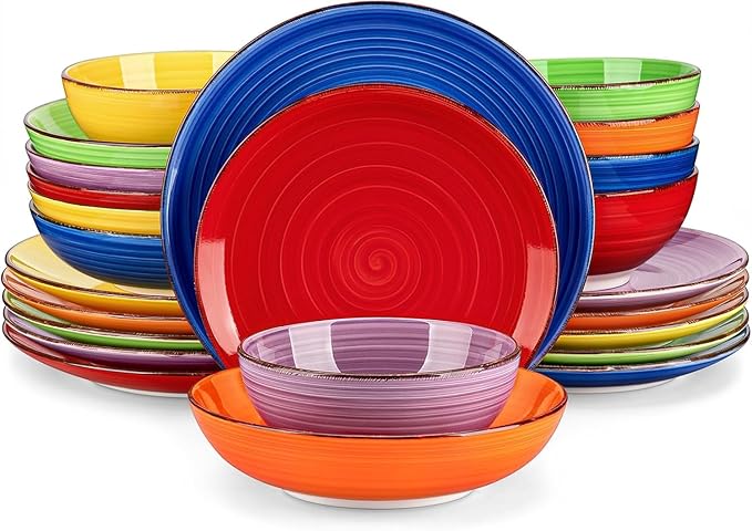 vancasso Bonita Dinnerware Sets 24 Pieces Multicolor Stoneware Dinner Set for 6 Handpainted Spirals Pattern Ceramic Plates and Bowls Sets Kitchen Plate Set