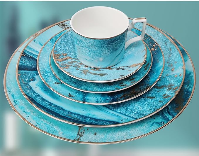 Romantic countryside Bone China Dinnerware Sets Service for 6Delicate afternoon tea Dinnerware SetSteak Dinner Plates Dish Set Includes coffee cupBlue Ocean