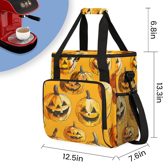 Gothic Pumpkin Coffee Maker Carrying Bag Bright Pumpkin Travel Storage Bag Compatible with K-Mini or K-Mini Plus Single Serve Coffee Brewer Carrying Case with Multiple Pockets &amp Shoulder Strap
