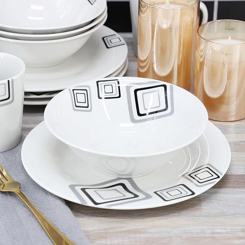 12-Piece Ceramic Dinnerware Set for 4 – White Round Plates Bowls &amp Mugs with Green Loops – Microwave &amp Dishwasher Safe Tableware Set (WHite &amp Black)