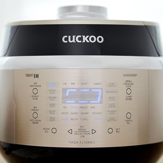 CUCKOO High Pressure Rice Cooker 3-Cup Uncooked / 6-Cup Cooked with Induction Heating Technology Small Rice Maker with 16 Menu Options and Steam Plate Voice Guide Gold (CRP-EHSS0309F)