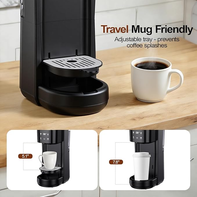 All-in-1 Single Serve Coffee Maker Fit 7.8 Travel Mug Hot &amp Iced K Cup Coffee Machine with 5 Brew Sizes One Cup Coffee Maker with Descaling and Low Water Alert 30oz Removable Reservoir Black