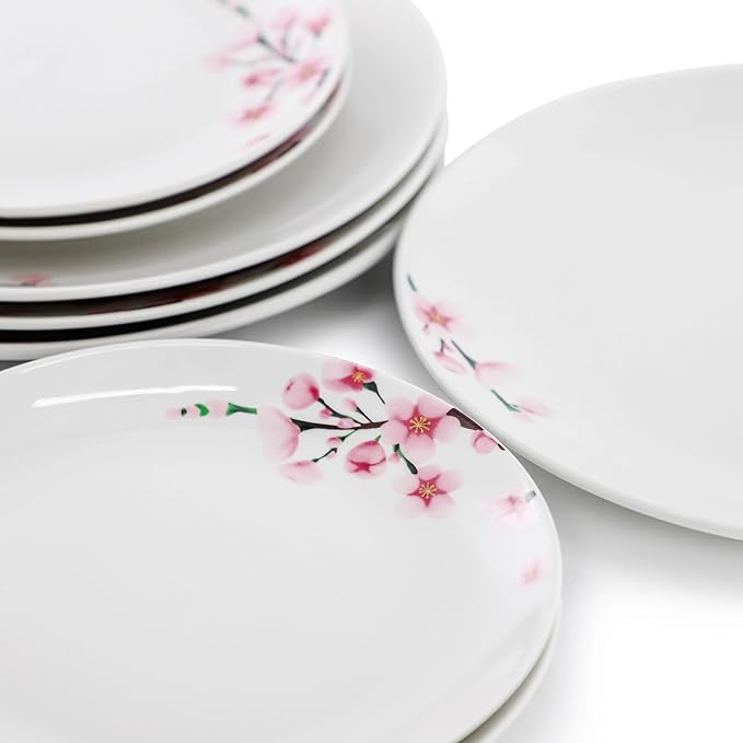 Elama Tamara 16 Piece Cherry Blossom Porcelain Dinnerware Set Service for 4 in White and Pink