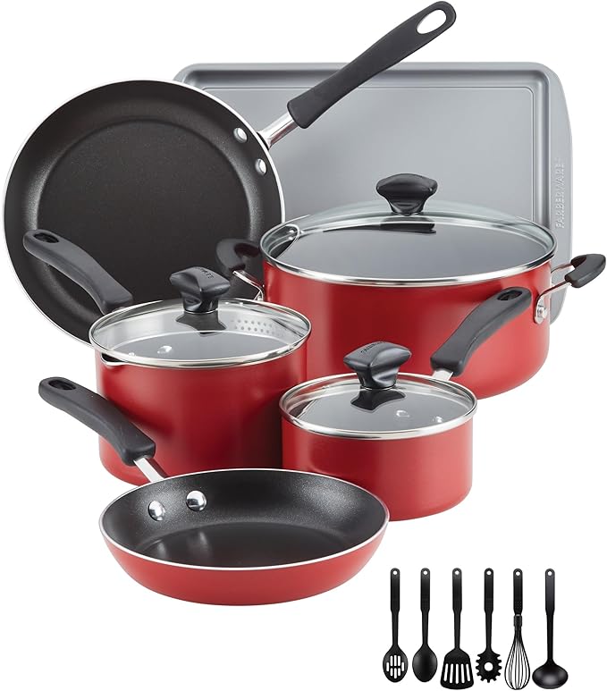 Farberware Cookstart DiamondMax Nonstick Cookware/Pots and Pans Set Dishwasher Safe Includes Baking Pan and Cooking Tools 15 Piece - Red