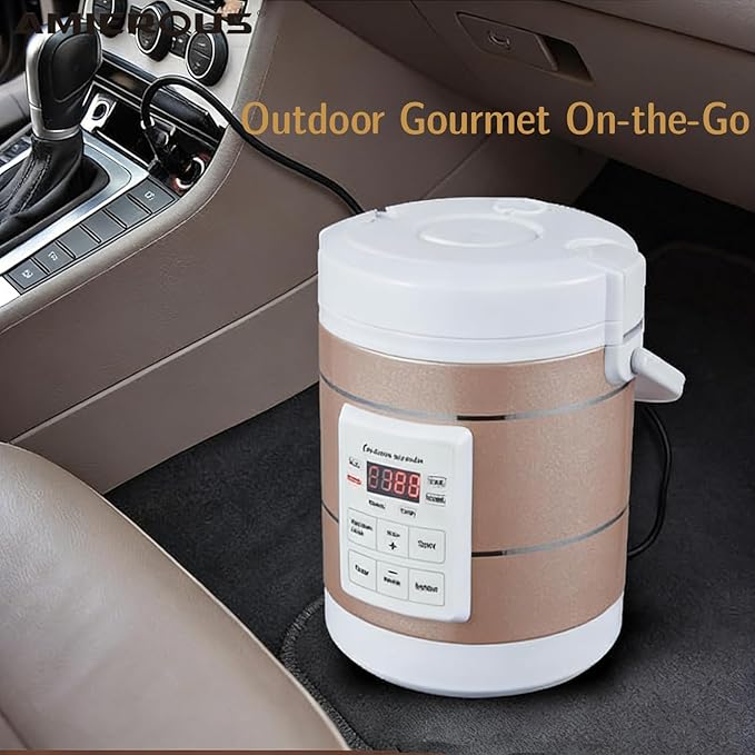 1.6L Rice Cooker 12V 24V 110V Mini Car home Multifunctional Small Rice Stove Cooking Heating and Keeping Warm Function Fast Cooker Gold (1601-1)