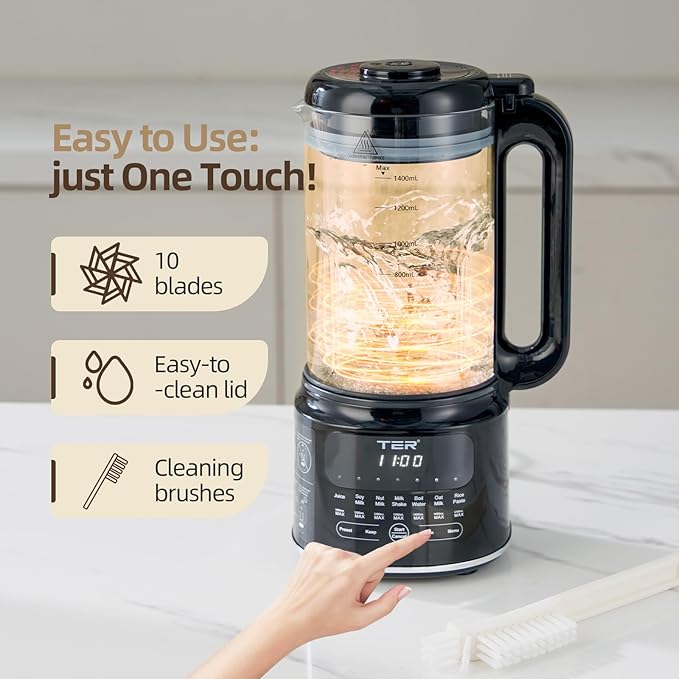 50OZ Nut Milk Maker Machine TER 10-in-1 Soy Milk Maker for Almond/Oat/Soy Milk Juice Milkshake Rice Paste Auto Clean/24H Preset Time/12H Keep Warm with 7 Accessories Black
