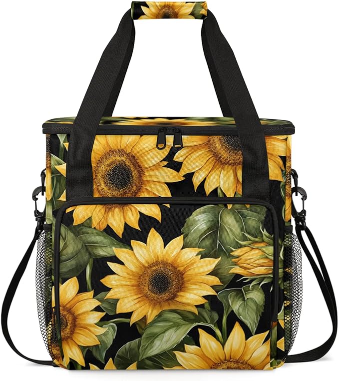 Flower Sunflower Theme Coffee Maker Travel Bag for Keurig K-Mini/K-Mini Plus Insulated Waterproof Tote with Pockets for K-Cup Portable Single-Serve Brewer Case