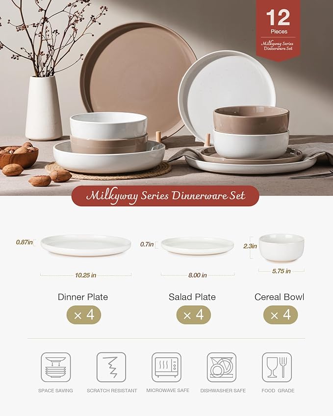 Famiware Milkyway Plates and Bowls Sets 12 Pieces Stoneware Dinnerware Sets Dishes Set for 4 White &amp Cinnamon Brown