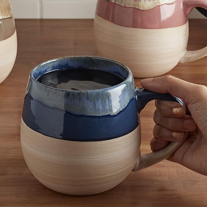 Tabletops Gallery Tuscan Reactive Glaze Stoneware- Platter Serving Bowl Mixing Bowl Mug Tuscan 26 Ounce Jumbo Oversized Mugs (Set of 4- Blue Green Brown and Pink)