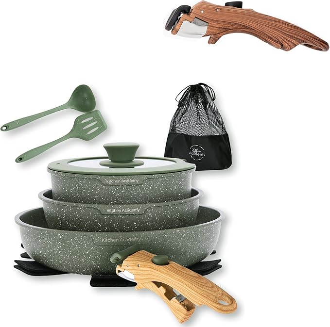 Kitchen Academy Granite Cookware Sets with 2 Pcs Detachable Handle