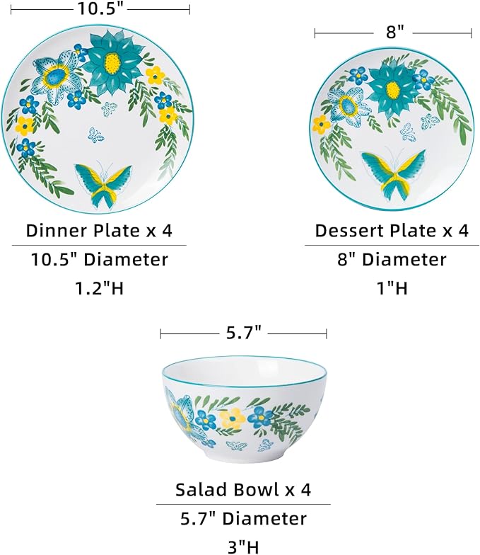 HomePop Ceramic 12-Pieces Dinnerware SetsDish Plates and Bowls Sets - Blue Turquoise