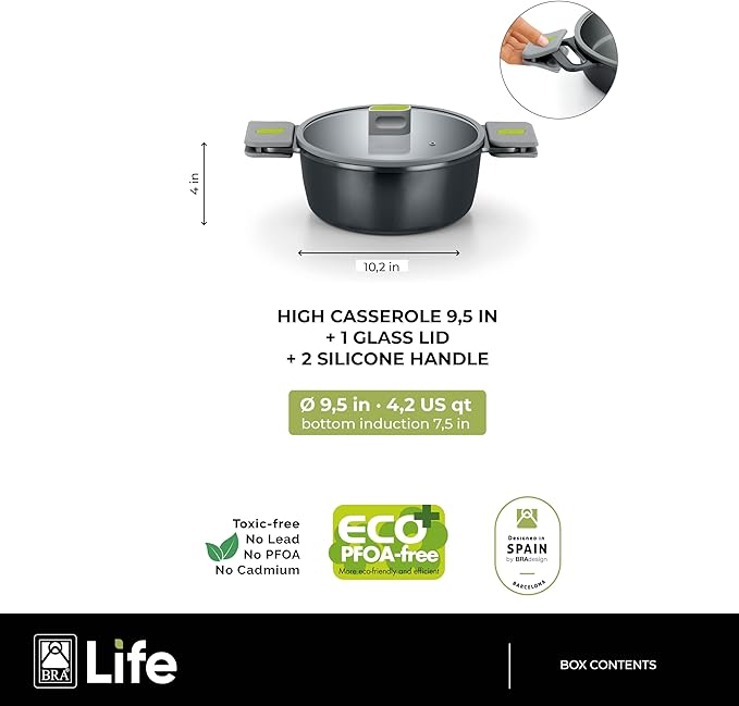 BRA COOKWARE Life 10-Piece Ceramic Cookware Set | Recycled Cast Aluminum Pots &amp Pans Set w/ 2 Pots 1 Sauté Pan 2 Pans 1 Saucepan 4 Lids | Ceramic Non-Stick Coating | All Stovetops | PFOA Free