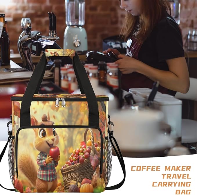 Cartoon Squirrel Apple Maple Leaf Coffee Maker Carring Bag Travel Carrying Storage Tote Bag Compatible with Keurig K-Mini or K-Mini Plus Portable Single Serve Coffee Brewer Case with Pockets