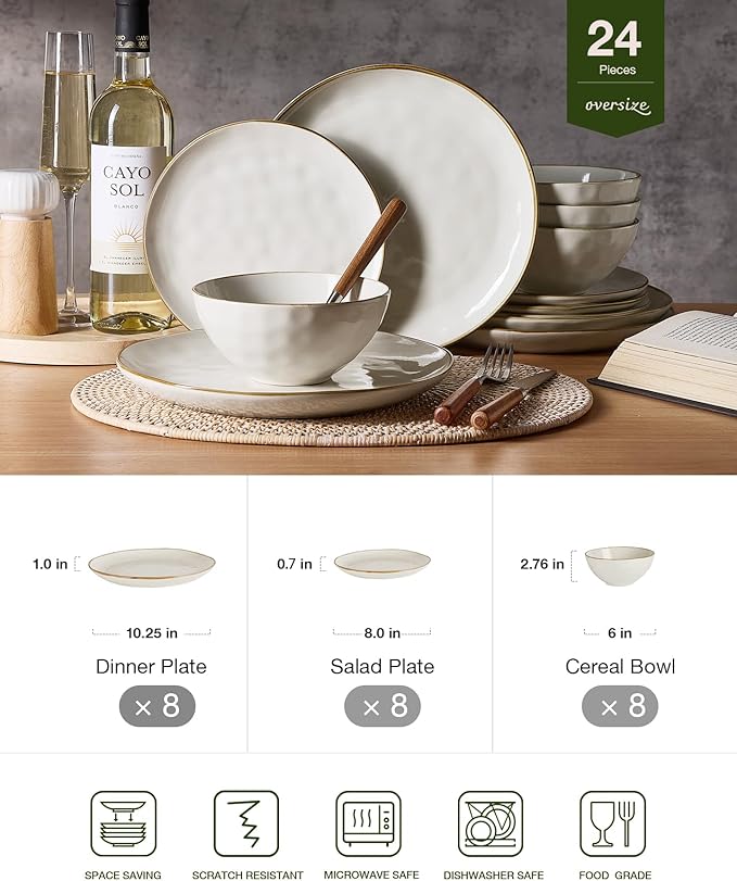 Famiware Dinnerware Sets for 8 Ocean Round 24-Piece Kitchen Plates and Bowls Sets Microwave and Dishwasher Safe Scratch Resistant Vanilla White