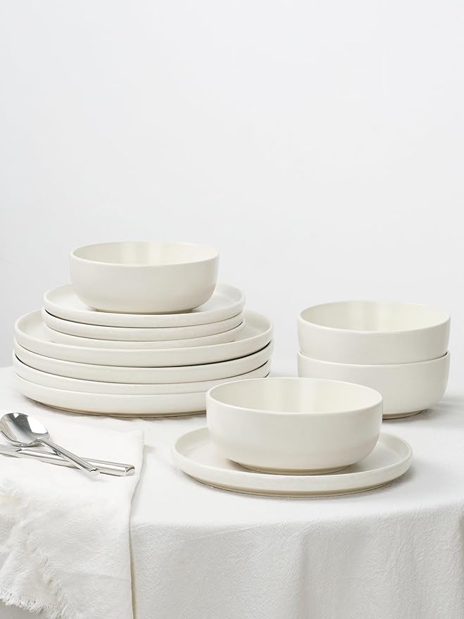 Famiware Milkyway Plates and Bowls Set 12 Pieces Dinnerware Sets and 4 Pieces Pasta Bowls Double Reactive Glaze Sturdy &amp Stackable Stoneware Dishes Set for 4 Matte White