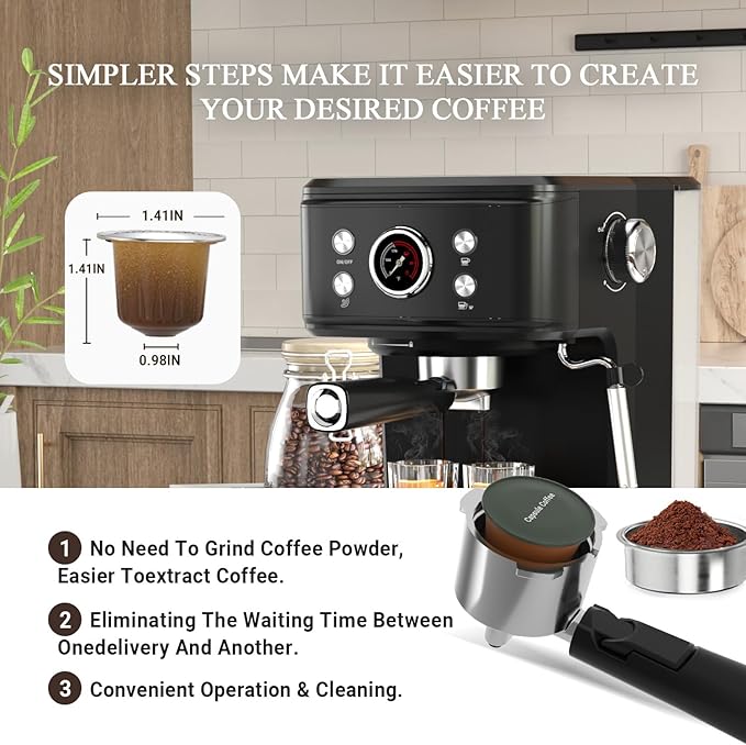 Espresso Machine 20 Bar Latte Coffee Makers 2 IN 1 Professional Cappuccino Machine and Milk Frother Steam Wand Compatible for NS Original Capsules &amp2 Pack Shot Glasses Measuring Cup 2oz Es