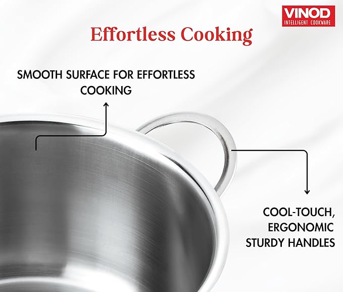 Vinod Stainless Steel Induction Friendly Tuscany Set 5 Pieces - Saucepan (14 cm/1.3 Litre) 3 Cassseroles (14 cm16 cm &amp 18 cm/1.32 &amp 2.8 Litre) Frypan (18 cm) &amp 3 Glass Lids