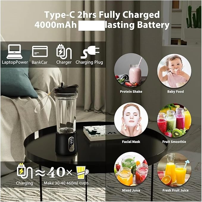 Fit for Portable Multifunctional Power Juicer with Strong Motor &amp 4000mAh - Ideal for Indoor &amp Outdoor Use(Black 4000mAh)