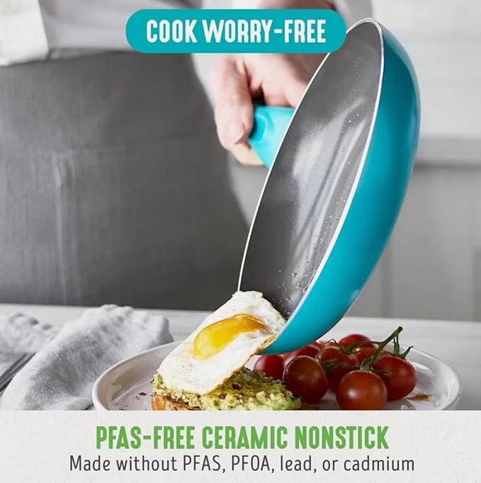 Essentials 12pc Ceramic Nonstick Aluminum Cookware Set Dishwasher Safe Induction Compatible Includes 3 Frying Pans 2 Sauce Pans with Lids Ladle &amp Spoons Caribbean Blue