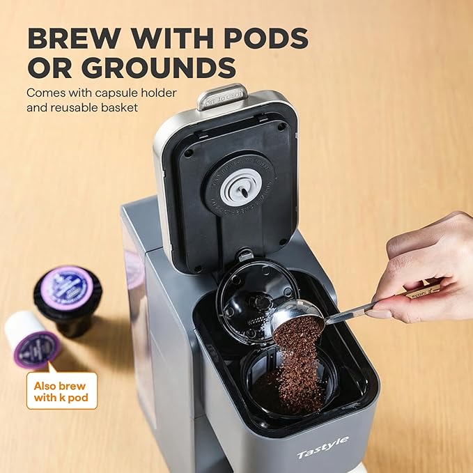 Single Serve Coffee Maker Iced and Hot Coffee Machine for K Cup &amp Grounds Compact Design 40oz Removable Water Reservoir 6 to 24 Oz Brew Sizes Fits 7.3 Travel Mug Gray