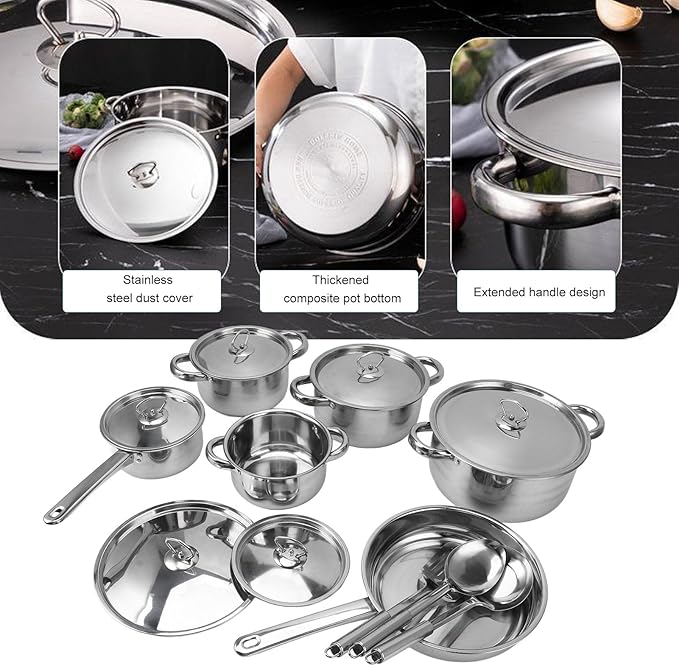 Gonetre Stainless Steel Pots and Pans Set Kitchen Cookware Set Heat Handles Nonstick Cooking for Induction Includes Soup Pots Saute Pans Lids and Utensils