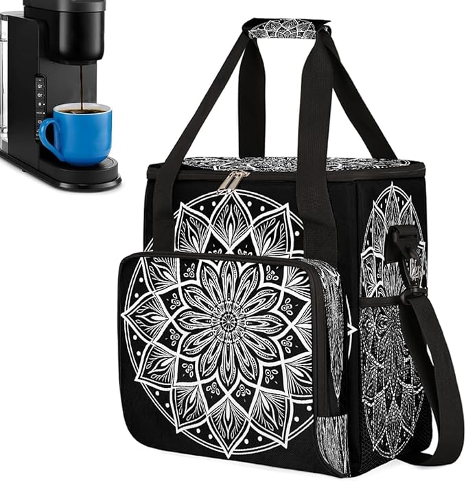 Bohemian Mandala 16 Coffee Maker Carring Bag Travel Carrying Storage Tote Bag Compatible with Keurig K-Mini or K-Mini Plus Portable Single Serve Coffee Brewer Case with Pockets for K-cup Pods