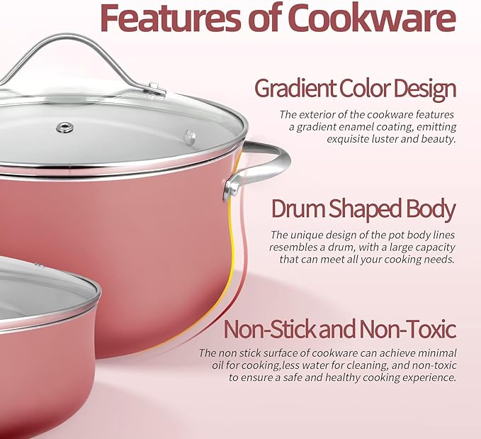 Kitchen Pots and Pans Set Non Stick 11 Pcs Ceramic Cookware Set with Stay-Cool Handle Pot and Pan Set NonToxic PFOA/PFAS Free Dishwasher/Oven Safe Evenly Heats Enamel Exterior - Coral Red