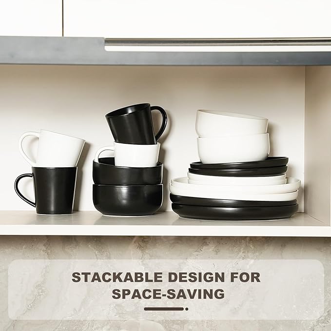 EWFEN Plates and Bowls Sets 32 Pieces Ceramic Dinnerware Set for 8 Stoneware Dishware Dishes Set Scratch Resistant Dishes Set Dishwasher &amp Microwave Safe Black