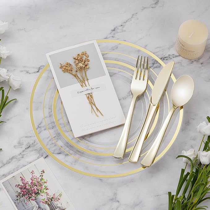 BESTVIP 100PCS Clear Plastic Plate Disposable Party Plates with 50 Dinner and 50 Dessert Plates Plastic Plate for Party Wedding and Birthday
