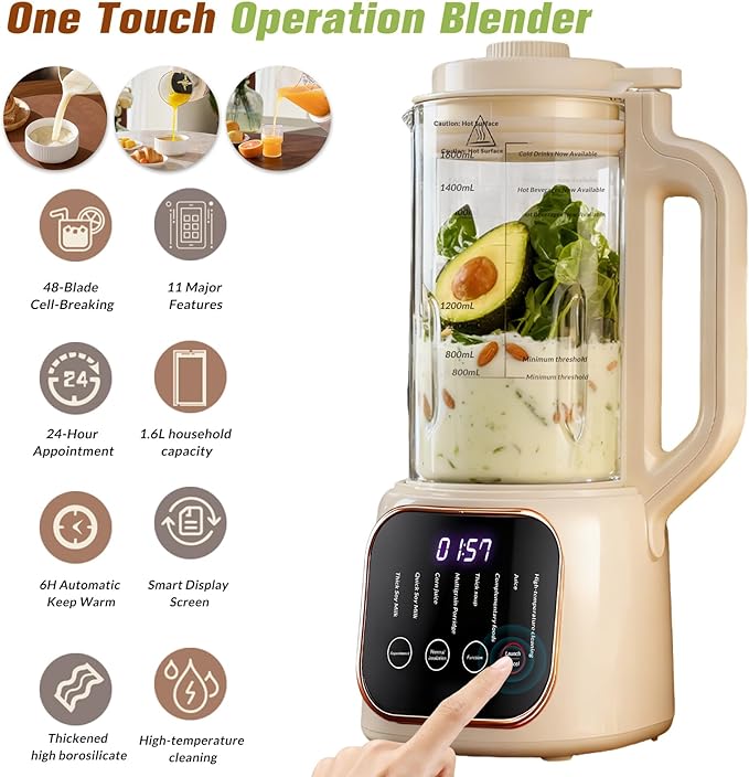 54oz Nut Milk Maker Machine11 in 1 Automatic Soy Milk Maker Blender for Homemade Soy Almond Oat Coconut Plant Based Milks Milkshake and Juice with 24H Delay Start/6H Keep Warm/Auto Clean White