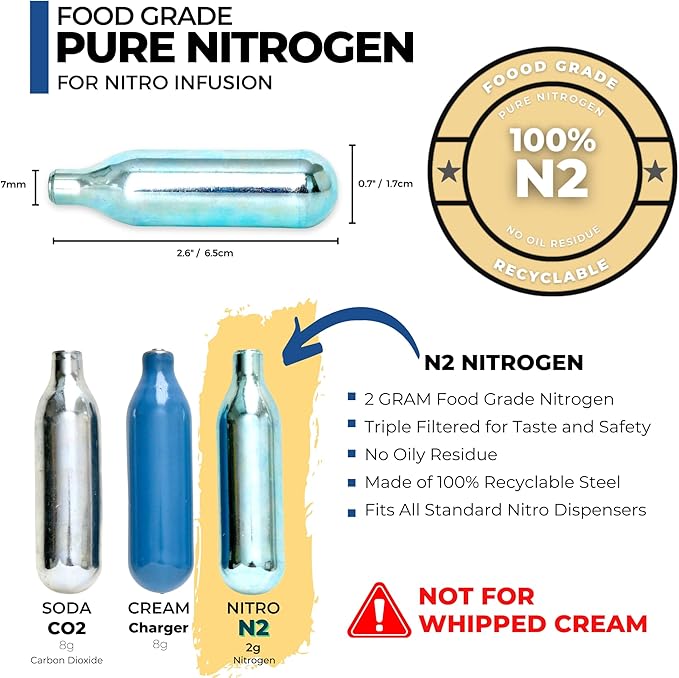 ICO 40pcs Nitrogen Cartridges N2 Cartridges for Nitro Cold Brew Coffee Maker Non-threaded Nitro Cartridge for Making Nitro Cold Brew and Nitro Infused Beverages 2g