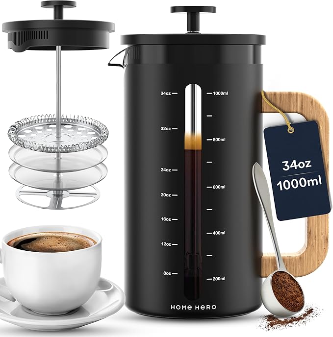 Home Hero French Press Coffee Maker - 34 oz Coffee Press with Bamboo Wood Handle Heat Resistant Thick Borosilicate Glass French Presses 4 Layer Filter French Press Stainless Steel (Black)