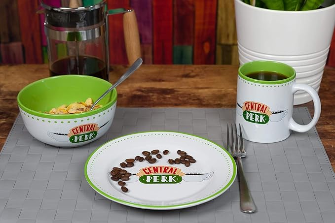 Friends Central Perk Coffee House Themed Dinnerware Dining Set | Official Friends Collectible Ceramic Display | Includes Plate Bowl And Mug | 3-Piece Set