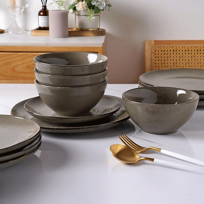 Famiware Tempus Plates and Bowls Sets for 6 18 Pieces Stoneware Dinnerware Sets Reactive Glaze Dishes Set Dishwasher &amp Microwave Safe - Dark Olive