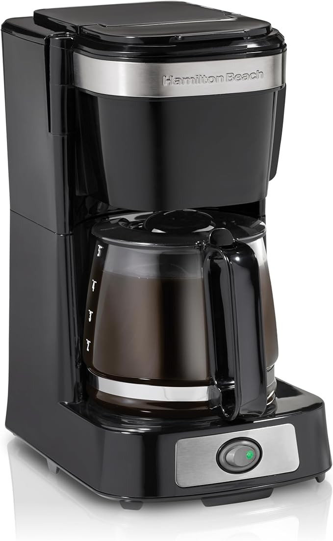 Hamilton Beach 5 Cup Drip Coffee Maker with Easy FrontFill Basket Compact Design Works with Smart Plugs Glass Carafe Auto Pause and Pour Black &amp Stainless Steel (46112)