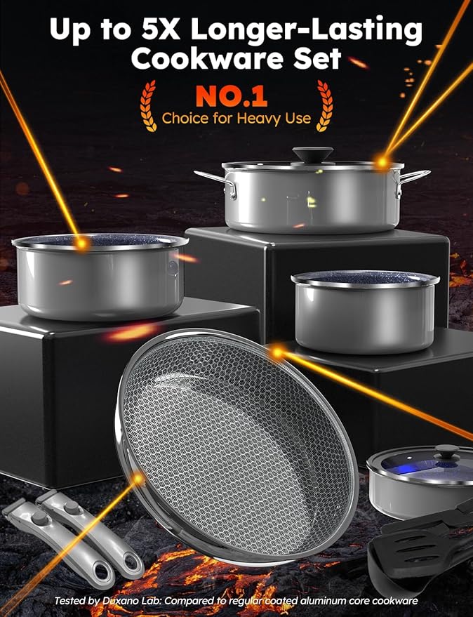 Pro DUXANO Ceramic Pots and Pans Set 2026 Upgraded Hybrid 3-Ply Stainless Steel Skillet 2X Non Stick High Heat Sear PFAS PTFE PFOA Free Non Toxic Induction CookwareRemovable HandleOven Safe12PC